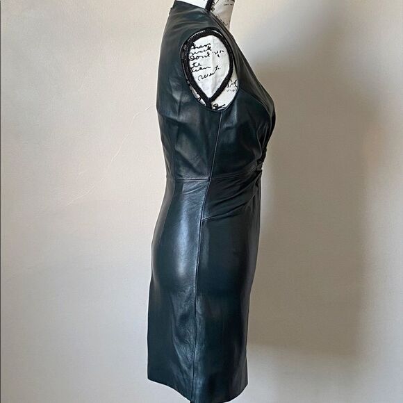 Maje Woman Twist-Front Leather Mini Dress Dark Green Size 36 - Picture 7 of 10